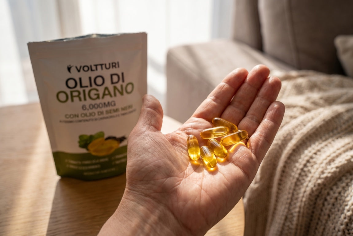 Le capsule Voltturi di olio di origano e cumino nero in mano